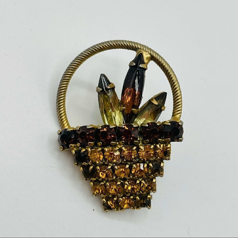 Vintage Brown Amber Rhinestone Basket Pin Brooch